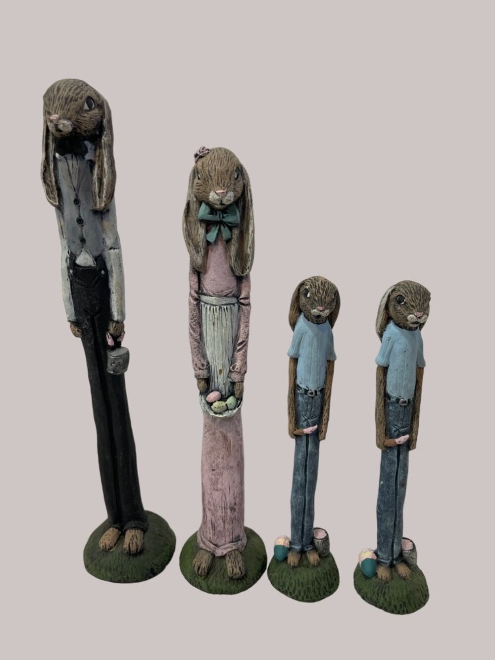 TNT Rabbit family Papa Mama Twin Boy Bunnies 1991 Folk Art Primitive